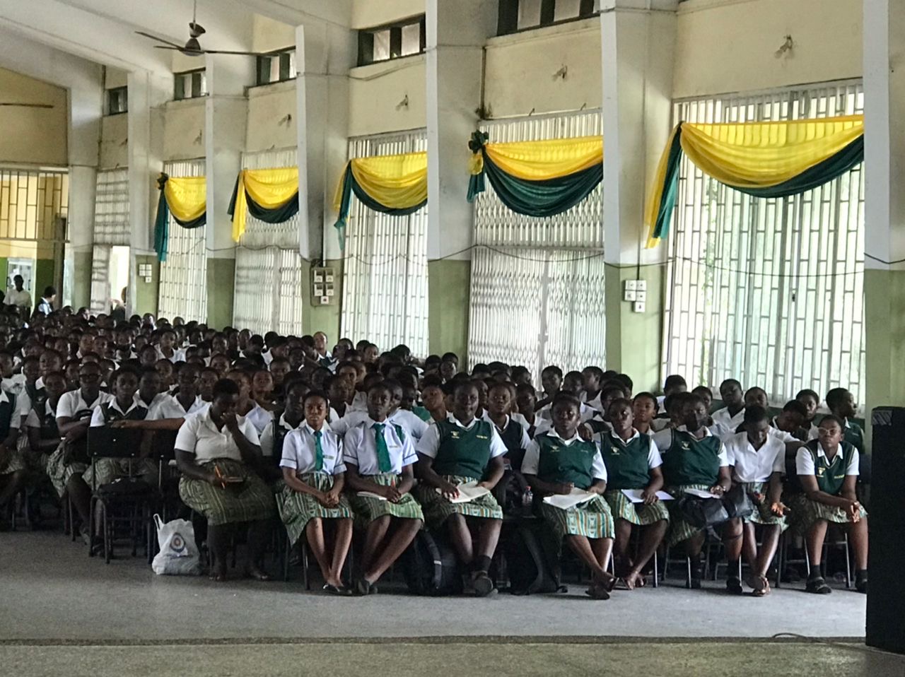 Students at Aburi Girls career fair with QA PrepRoom banner